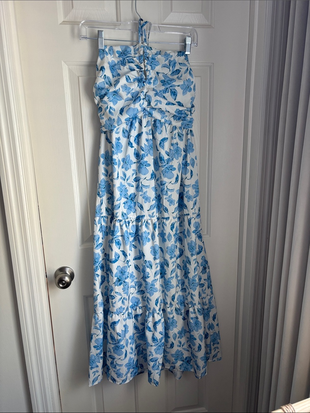 Strapless Blue Floral Maxi Dress - White & Blue